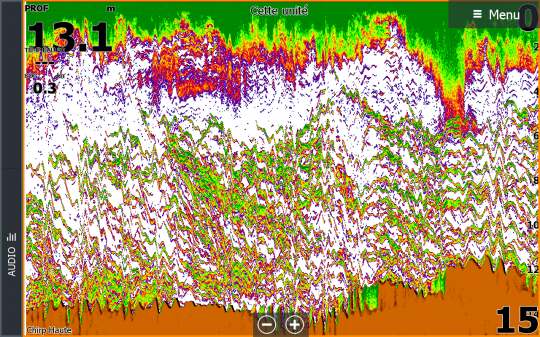 Le sondeur vient confirmer cette observation : un banc de bars est réparti sur toute la hauteur d'eau.