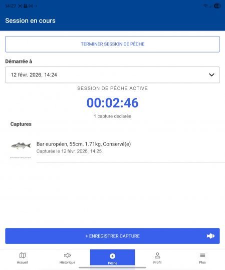 Une fois la capture déclarée et la pêche finie, cliquez sur "Terminer session de pêche"